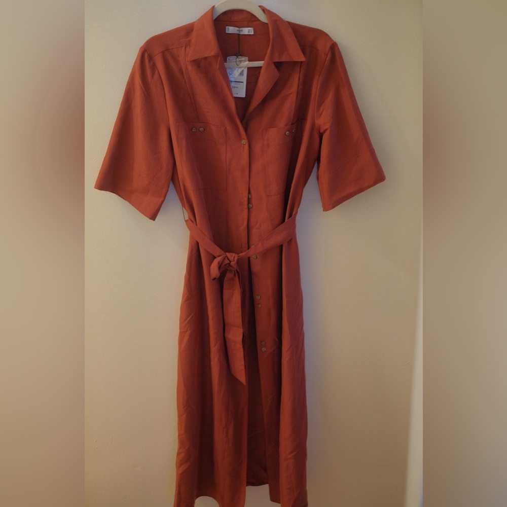 Mango Terracotta Button-Down Midi Dress